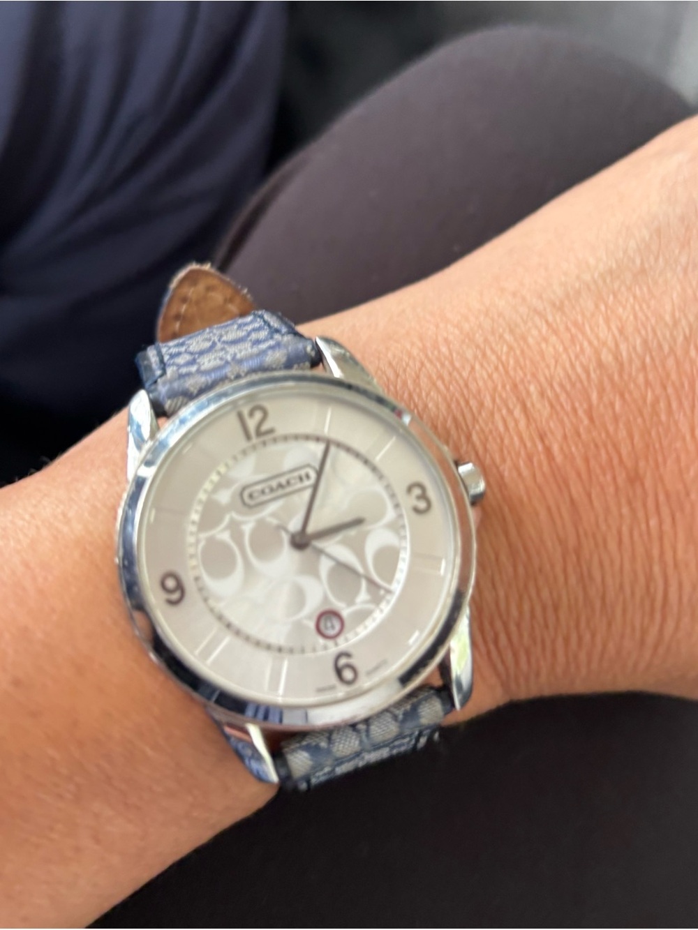 Coach Silver-Tone Watch with Blue Signature Pattern Strap